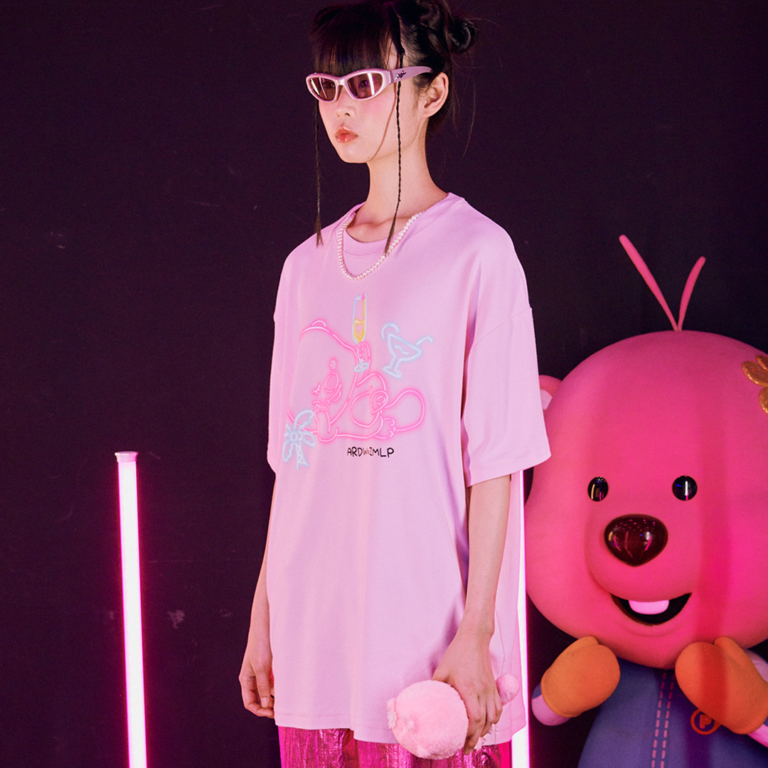 Love yourself 티셔츠 &amp; 진주목걸이 세트 - 핑크